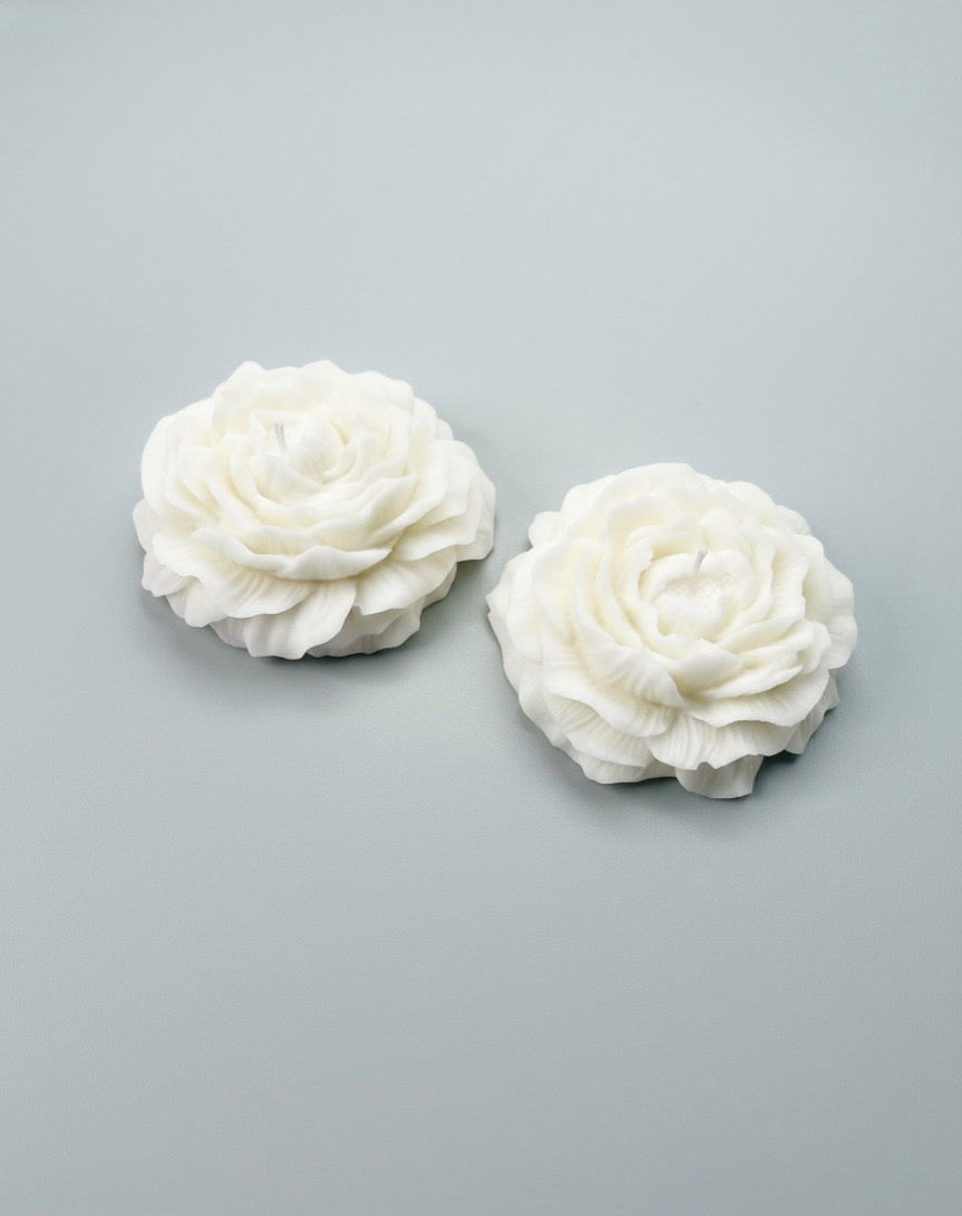 Two white peony candles on a gray background